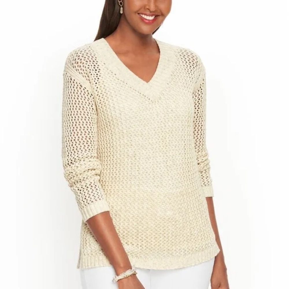Talbots Cream Open Knit Cotton V Neck Sweater Coastal Beach Layering Small